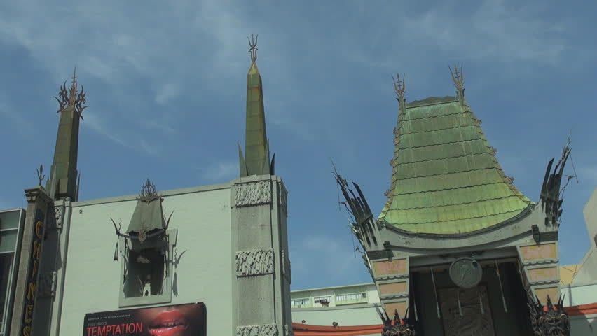 Pan right of Chinese theatre with asian rooftop design by day, Hollywood icon in Los Angeles