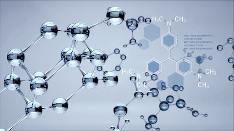 Abstract scene with a flying spinning crystal molecular structures and animated chemical formulas 