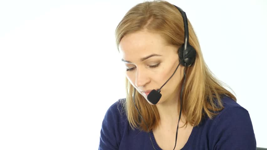 tired call center representative talking on helpline, Headset telemarketing female call center agent at work. 4K Royalty-Free Stock Footage #1009183538