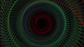 Colorful lines appear and rotate in geometric shapes on looping 4K black background