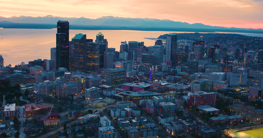 Seattle Washington Aerial Skyline at Night Sunset Moody Sky Metropolis Urban Cityscape