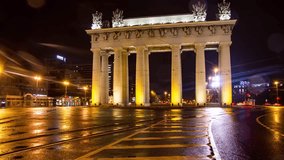 Time Lapse video of vehicles driving by the Moskovskiye Vorota at Saint-Petersburg at night