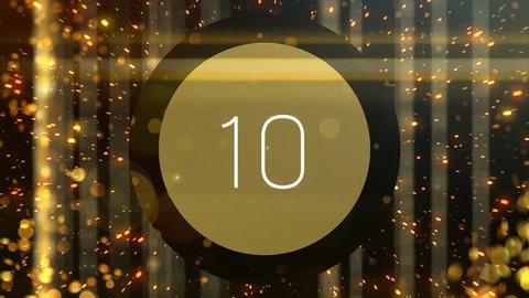 Golden particles countdown from 10 to 1. Useful for top ten list review videos. Not realtime. Each number fades to black so can be edited easily. Perfect for movie awards or celebrity star lists. 