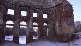 Destroyed walls of the church in winter. Video full hd.