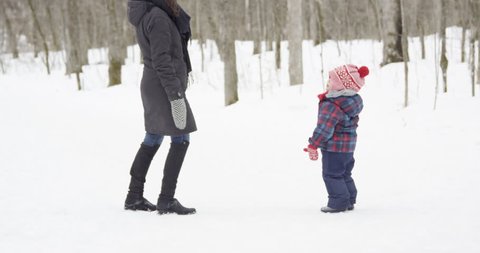Mother exploring winter wonderland with son - outdoor winter activities - wide shot Stockvideó