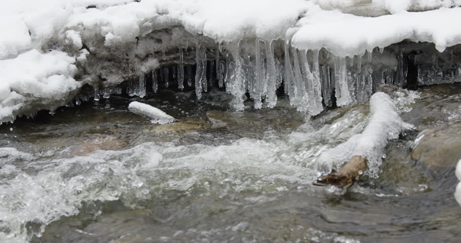 Stream flowing past and under icicles on the shore -slow motion - zooming out
