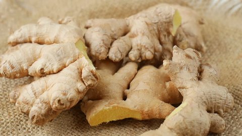 Ginger roots on burlap.