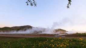 Amazing footage of Strokkur geyser in morning. Popular tourist attraction. Location place Geyser Park, Haukadalur valley, Iceland, Europe. Discover the beauty of earth. Shooting in Full HD 1080 video.