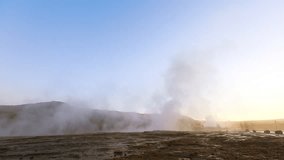 Amazing footage of Strokkur geyser in morning. Famous tourist attraction. Location place Geyser Park, Haukadalur valley, Iceland, Europe. Discover the beauty of earth. Shooting in Full HD 1080p video.