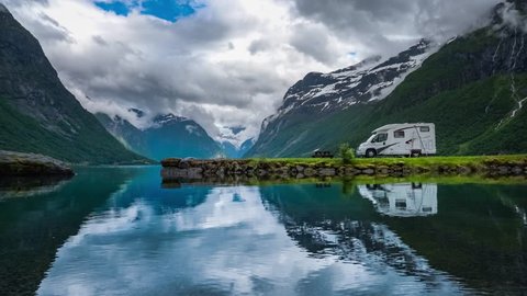 Family vacation travel RV, holiday trip in motorhome, Caravan car Vacation. Beautiful Nature Norway natural landscape. స్టాక్ వీడియో