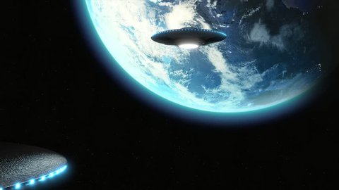 UFO Alien Cinematic invasion over earth, hundreds of metallic flying saucers/ space ships, moving toward earth 24fps - 3D animation 4K & HD menacing shot.