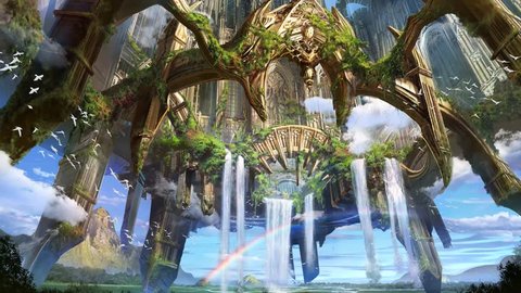 animation of digital matte painting illustration of high fantasy flying castle environment building architecture 