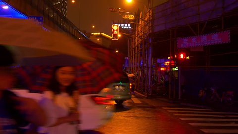 SHANGHAI, CHINA - SEPTEMBER 15 2017: night illuminated shanghai city traffic street construction walking panorama 4k circa september 15 2017 shanghai, china.