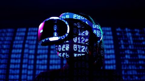 Profile portrait of young woman in VR headset with symbols and numbers projection. Virtual reality interactive helmet on brarcode matrix background Stock-video