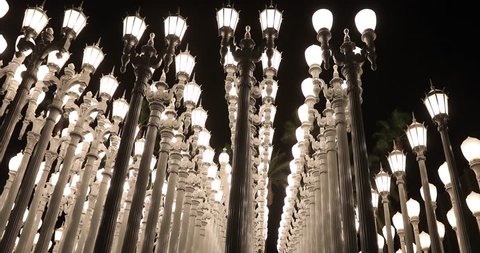Los Angeles, CA - January 25, 2018: 'Urban Light' is a large-scale assemblage sculpture by Chris Burden at the Los Angeles County Museum of Art LACMA. The installation consists of 202 restored street