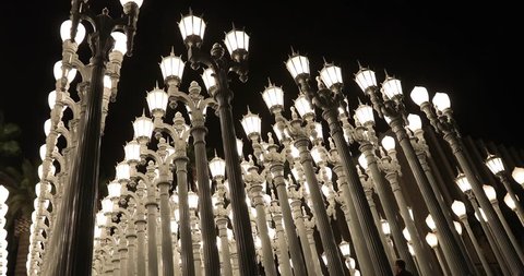 Los Angeles, CA - January 25, 2018: 'Urban Light' is a large-scale assemblage sculpture by Chris Burden at the Los Angeles County Museum of Art LACMA. The installation consists of 202 restored street