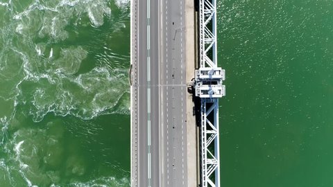 Aerial top down view of Eastern Scheldt storm surge barrier in Dutch Oosterscheldekering the largest of 13 ambitious Delta Works series of dams and storm surge barriers designed to protect Netherlands