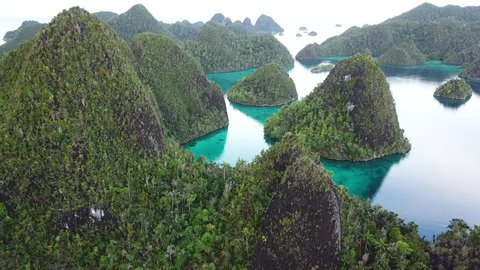 Limestone islands, surrounded by coral reefs, are found in an idyllic lagoon in Wayag, Raja Ampat, Indonesia. This unique, equatorial region is best known for its vast array of marine biodiversity.