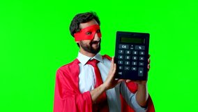crazy super hero holding a calculator