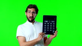 young crazy man with a calculator