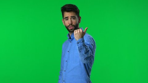 man come here gesture over a green screen background