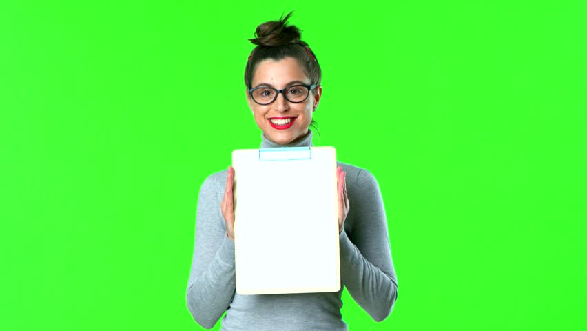 young pretty woman showing a report