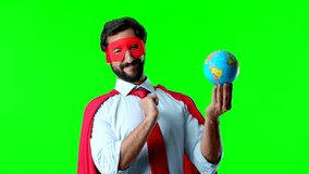 crazy super hero holding a planet earth sphere