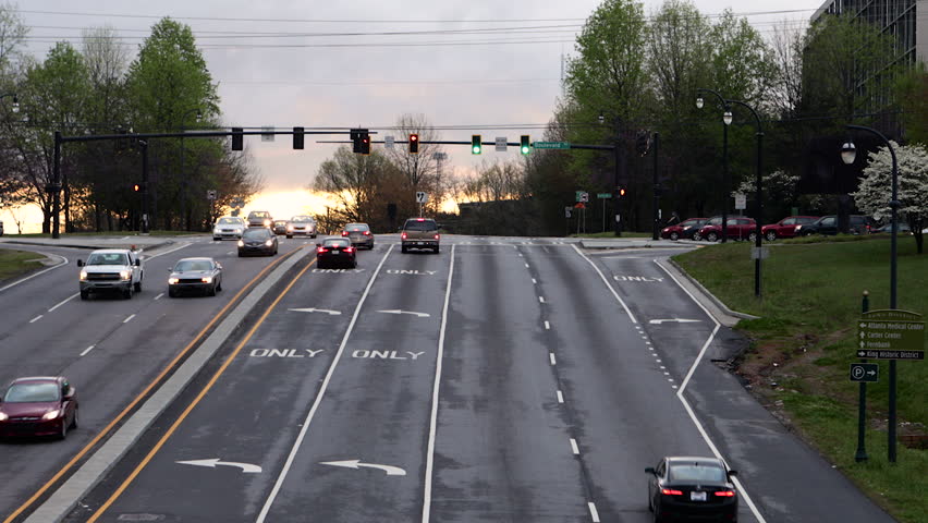 Traffic accumulates at the traffic light on Freedom Parkway in Atlanta.
