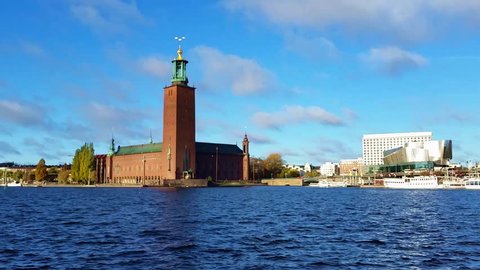 City Hall, Stockholm, Sweden behind the rippling waters of Lake Malaran
