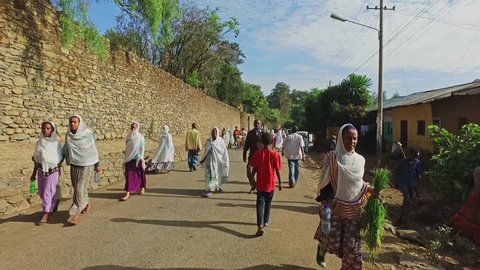 GONDAR, ETHIOPIA - JANUARY 18, 2017: Ethiopia Marketplace street scene in Mekelle poverty village people. Gondar, or Gonder, is a city in northern Ethiopia. 