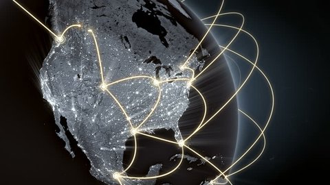 Growing network connections around the world. Global network, internet concept. Connecting people in a digital world. Close-up of Earth. Orange version. Seamless loop.  4K