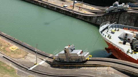 Ship crossing the Panama Canal at Miraflores Locks, Panama City