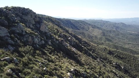 Slow flying along a mountain ridge of beautiful green pine trees and rocks. - Βίντεο στοκ