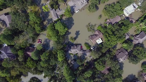 Aerial over flooded neighborhood during Hurricane Harvey in Houston Arkivvideo