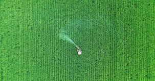 Aerial footage of man worker spraying fertilizer on paddy field.