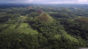 Flyover aerial view of Chocolate hills. Bohol, Philippines