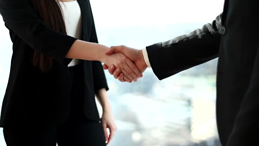Businessman and Busineswoman slowmotion handshake. Deal is closed.