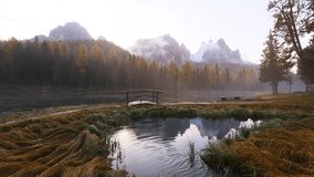 View of misty lake Antorno in National Park Tre Cime di Lavaredo. Location Auronzo, Misurina, South Tyrol, Italy, Europe. Beautiful footage of the mountains. Beauty of earth. Full HD 1080p video.