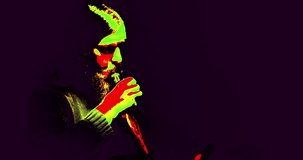 Bearded man in the dark smoking an e cigarette infrared view initation