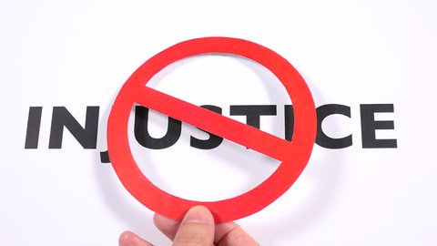 INJUSTICE prohibition symbol, refuse unfairness, inequality writing copy space. No malpractice, reject bias and abuse, inequity negative sign with white background. Concept of justice and integrity