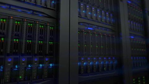 Lamps blinks on servers in modern data center. Loopable 3d animation, seamless loop