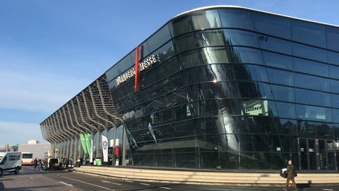 Nuremberg, Germany – MARCH 16: IWA gun exhibition is the most important gun show in europe on 2018 in Nuremberg. The main entrance of the ixhibition in NUremberg MESSE.