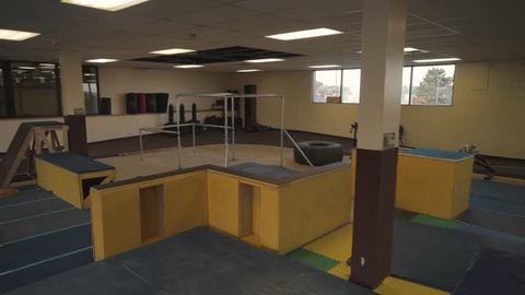 Parkour gym boxes and bar set camera dolly left and right high angle