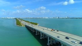 4k drone aerial above Julia Tuttle Causeway Miami bridges Biscayne Bay
