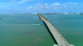 4k drone aerial above Julia Tuttle Causeway Miami bridges Biscayne Bay