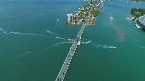 Aerial video Venetian Causeway Miami Florida Biscayne Bay