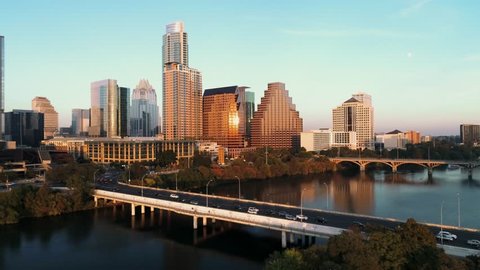 This is an an aerial shot of downtown Austin, Texas at sunset.