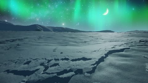 Animation of shining aurora, moon and stars moving over the icy plateau
