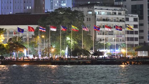 View of national flags of Southeast Asia countries; Brunei Darussalam, Myanmar / Burma, Cambodia, Indonesia, Laos, Malaysia, Philippines, Singapore, Thailand, Vietnam, East Timor.