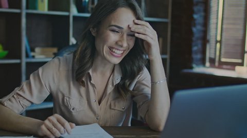 Business success concept. Successful businesswoman enjoy excellent news on laptop. Close up of happy business woman achieve goals. Female employee enjoy good business news. Exited girl show yes sign